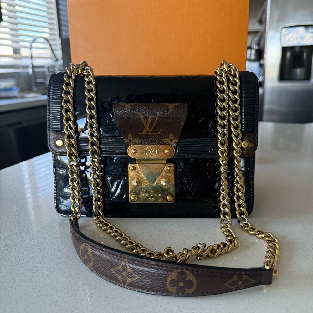 Authentic Louis Vuitton Black and Brown Crossbody with Gold Chain